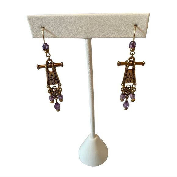 Delicate Looking Antiqued Gold & Purple Stone Drop Earrings. - Picture 5 of 5